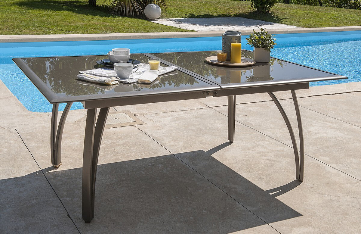 Table de jardin extensible rallonge papillon aluminium et plateau en