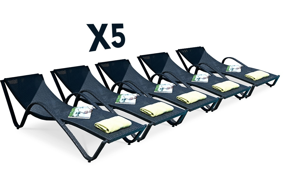 Lot de 5 Bains de soleil aluminium et résine tréssée noire