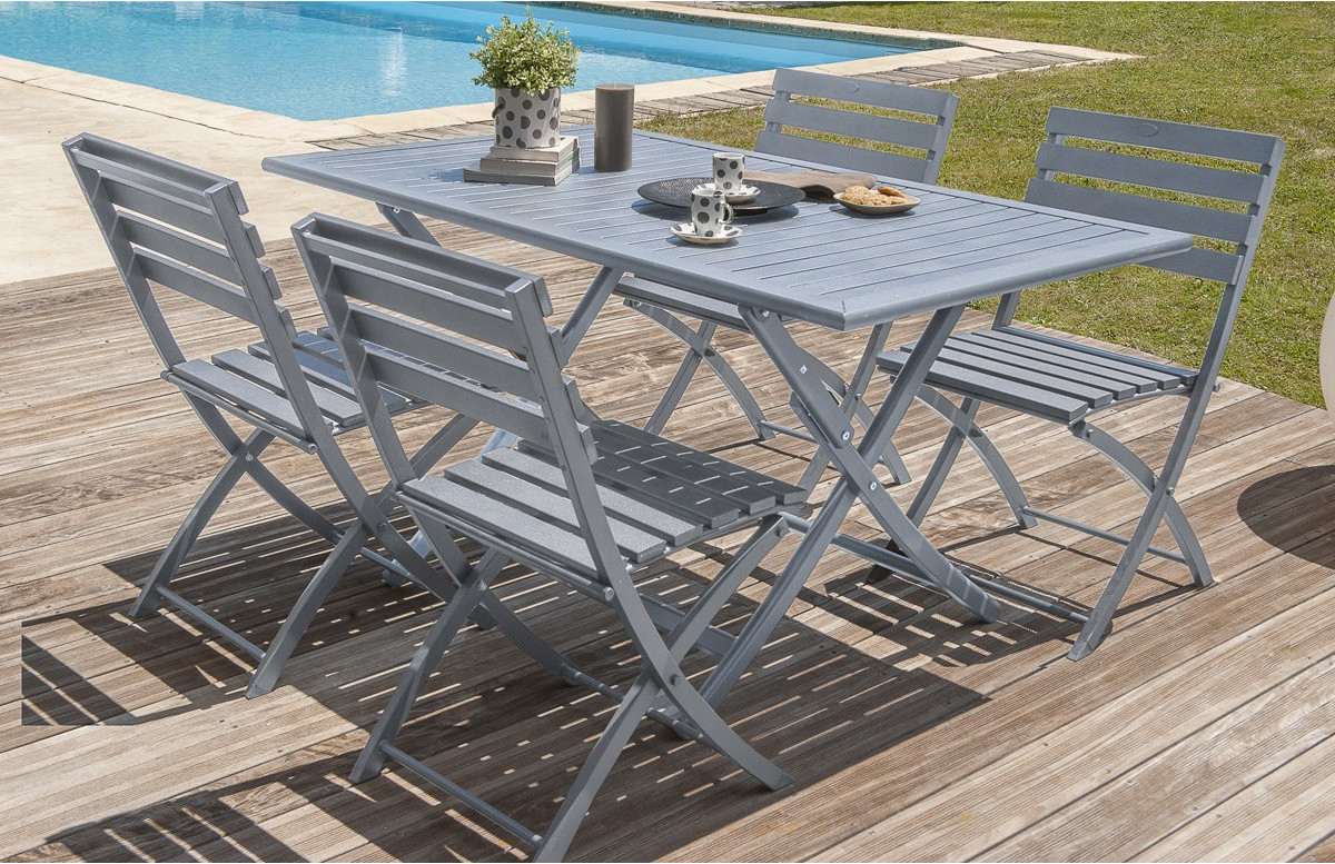 Table pliante en aluminium coloris gris galet et ses 4 chaises assorties