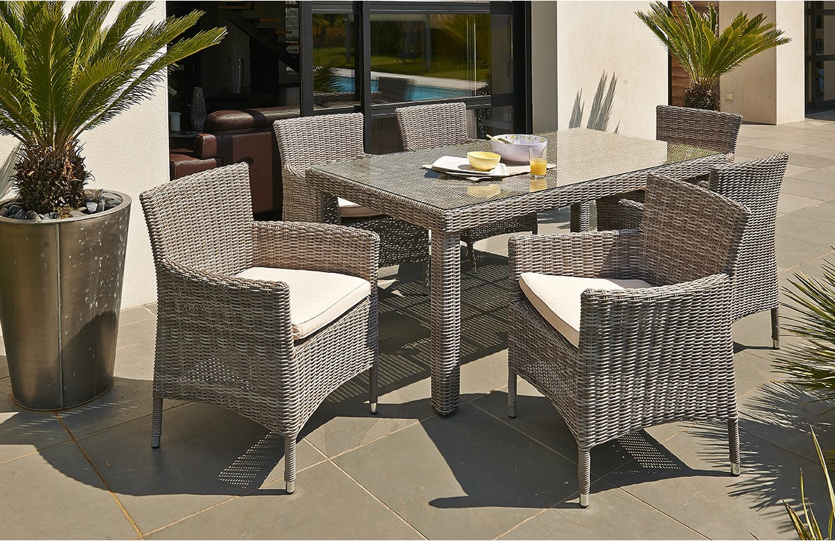 Ensemble salon de jardin et 6 fauteuils avec plateau de verre transparent