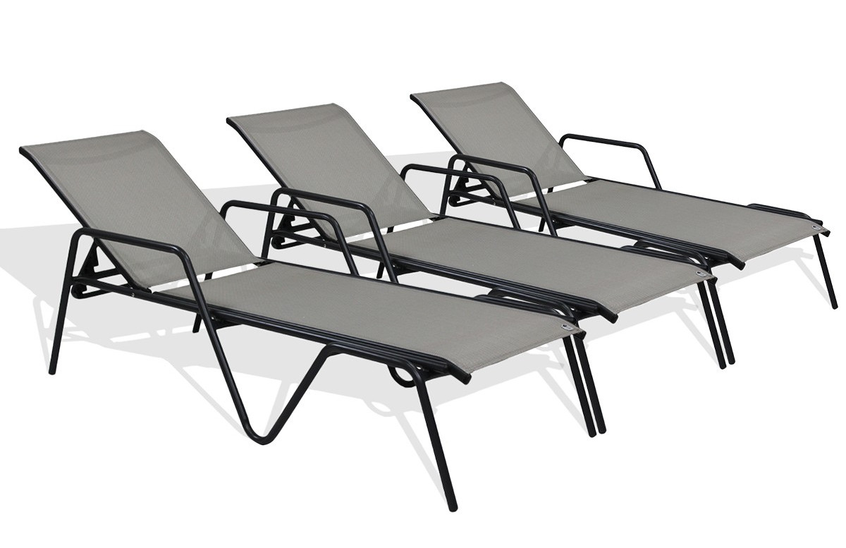 Lot de 3 bains de soleil textilène gris aluminium noir