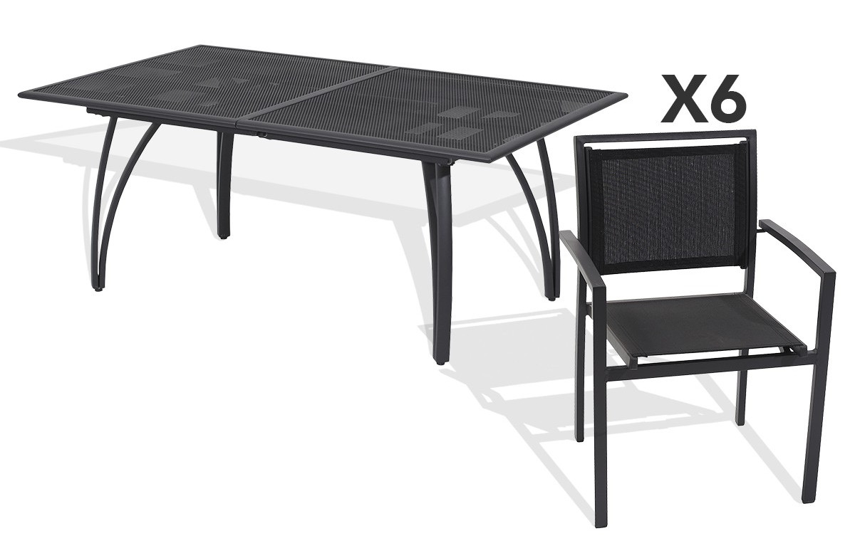 Ensemble table et 6 fauteuils aluminium et textilène noir