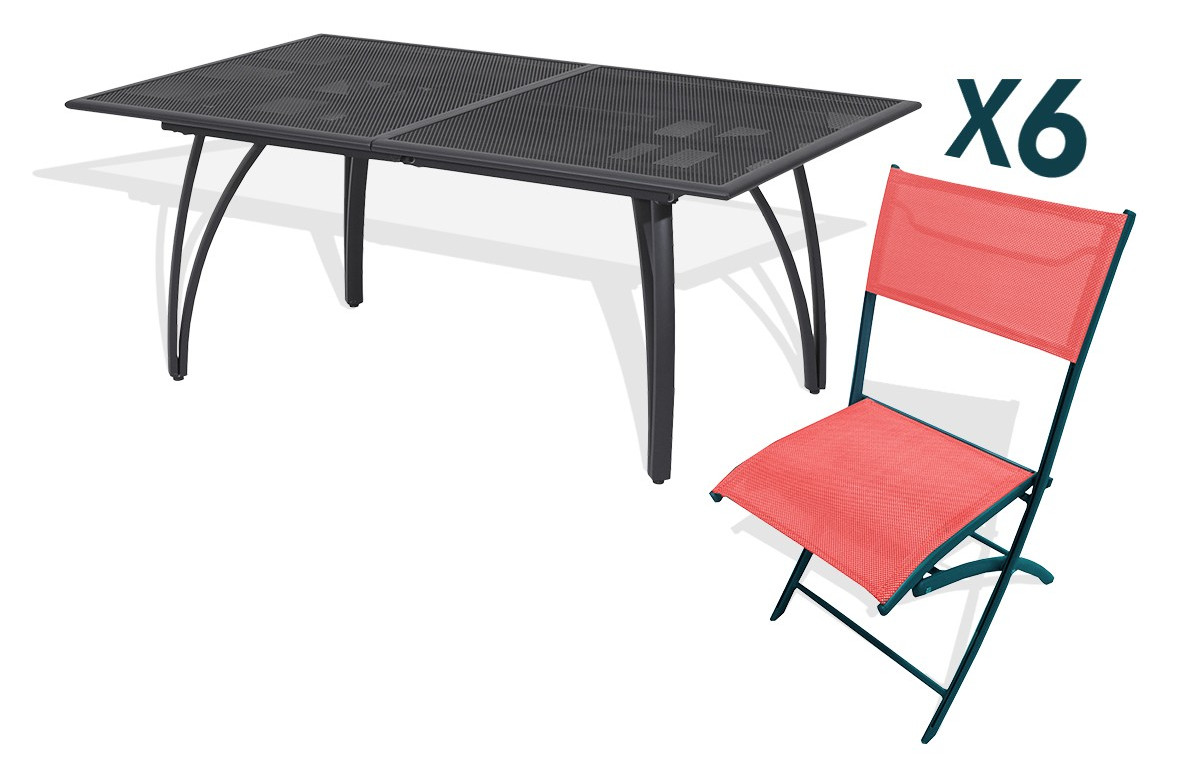 Ensemble table 6 chaises pliantes aluminium et textilène corail