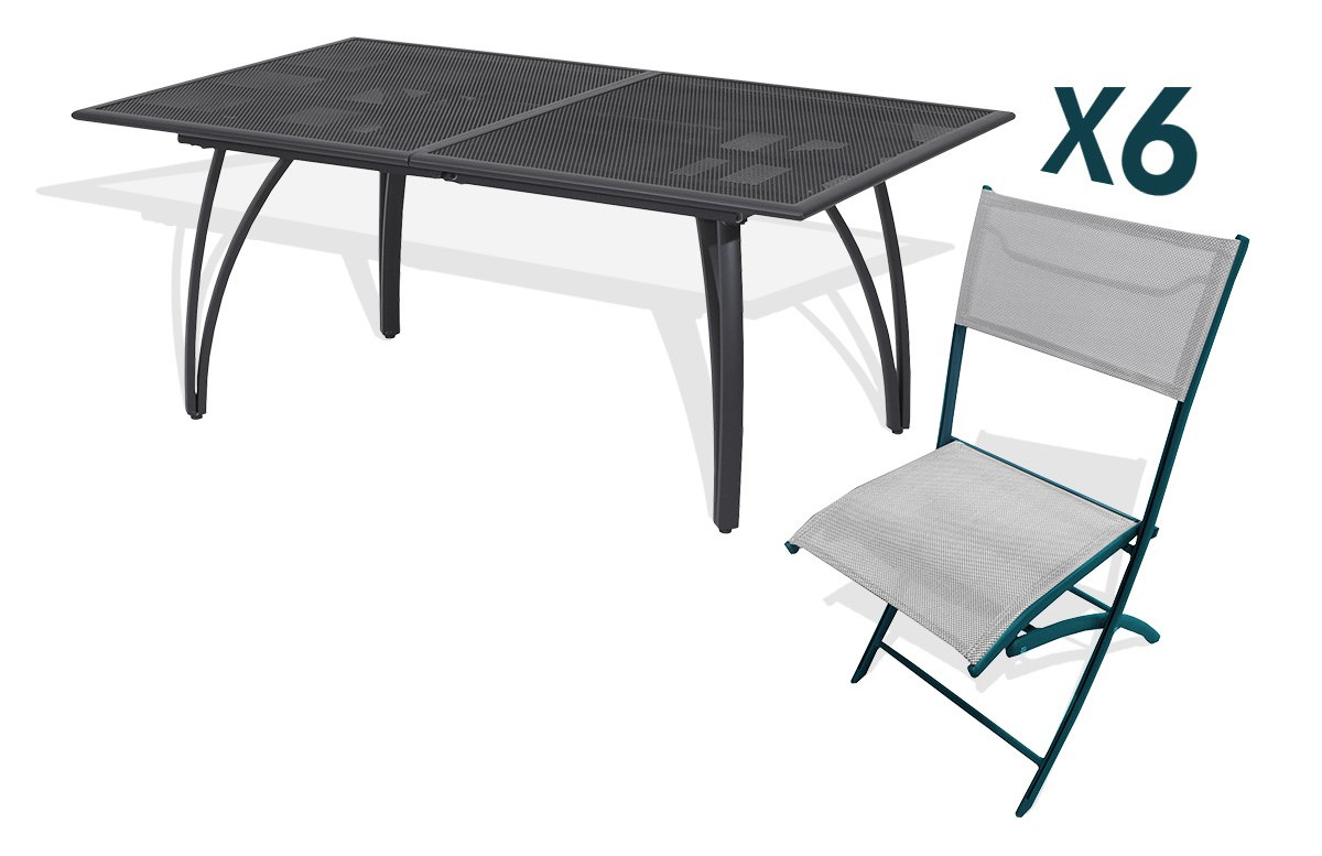 Ensemble table et 6 chaises pliantes aluminium et textilène gris