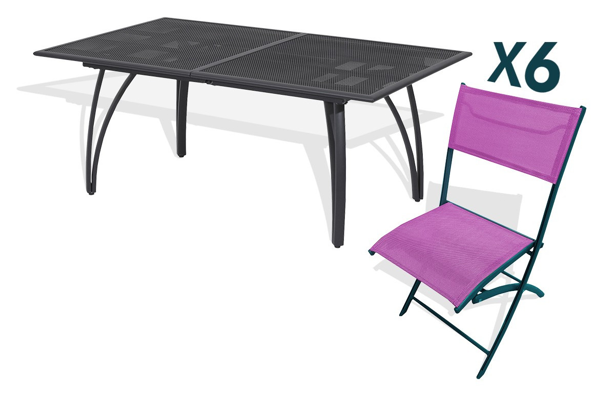 Ensemble table et 6 chaises pliantes aluminium et textilène prune