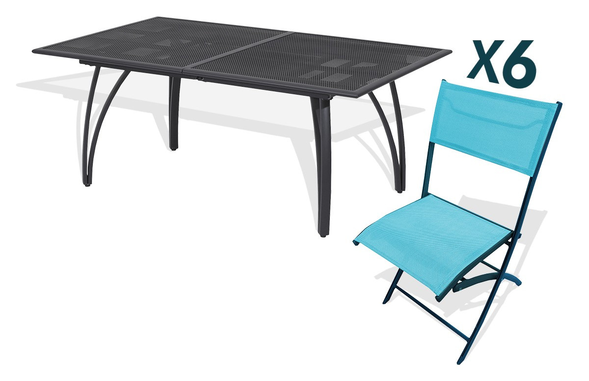 Ensemble table et 6 chaises pliantes aluminium et textilène turquoises