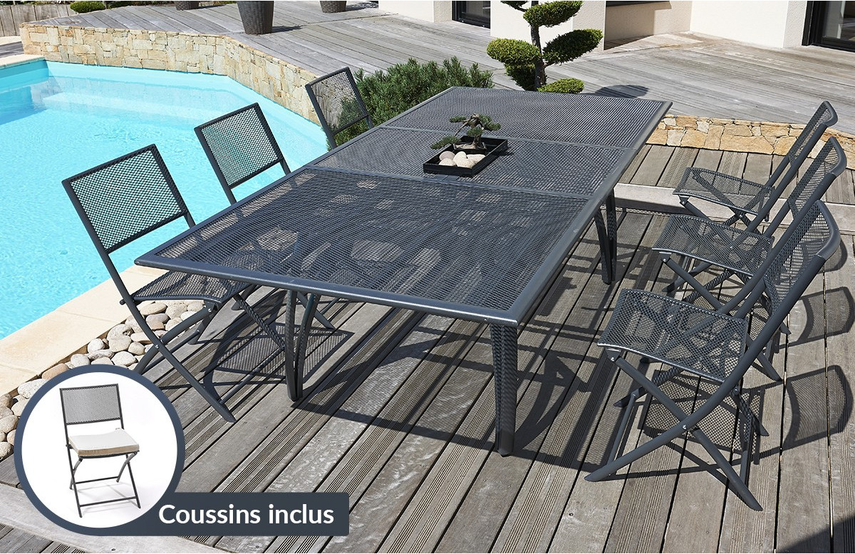 Ensemble table et 6 chaises perforées