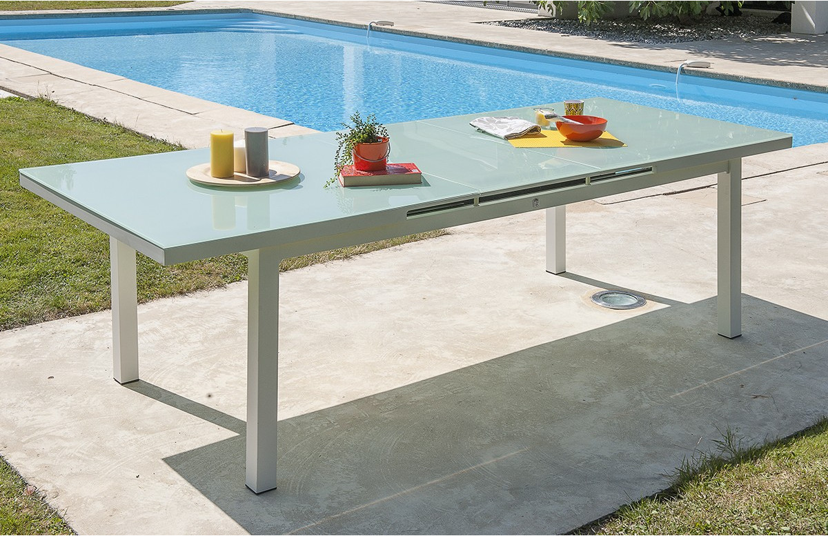 Table de jardin extensible en alu blanc et verre pour 8 personnes DCB