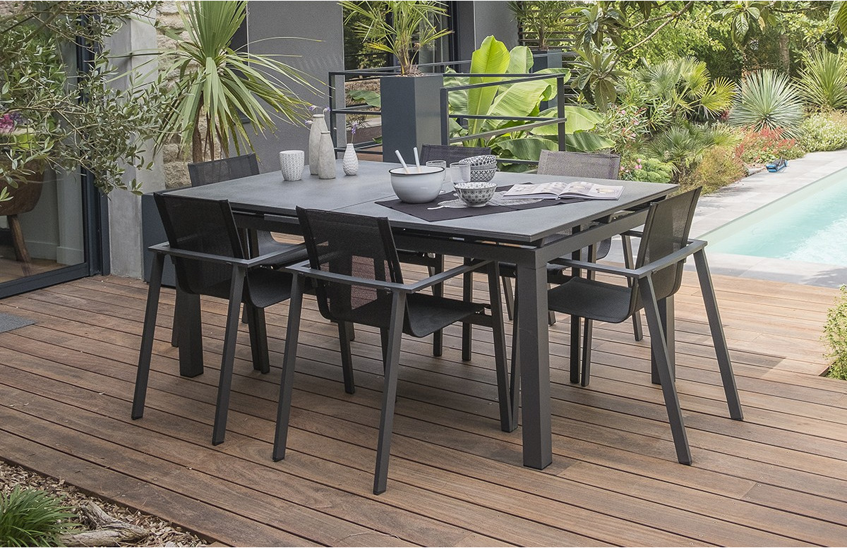 Ensemble table et chaises de jardin avec rallonge & plateau verre 6 personnes DCB Garden gris