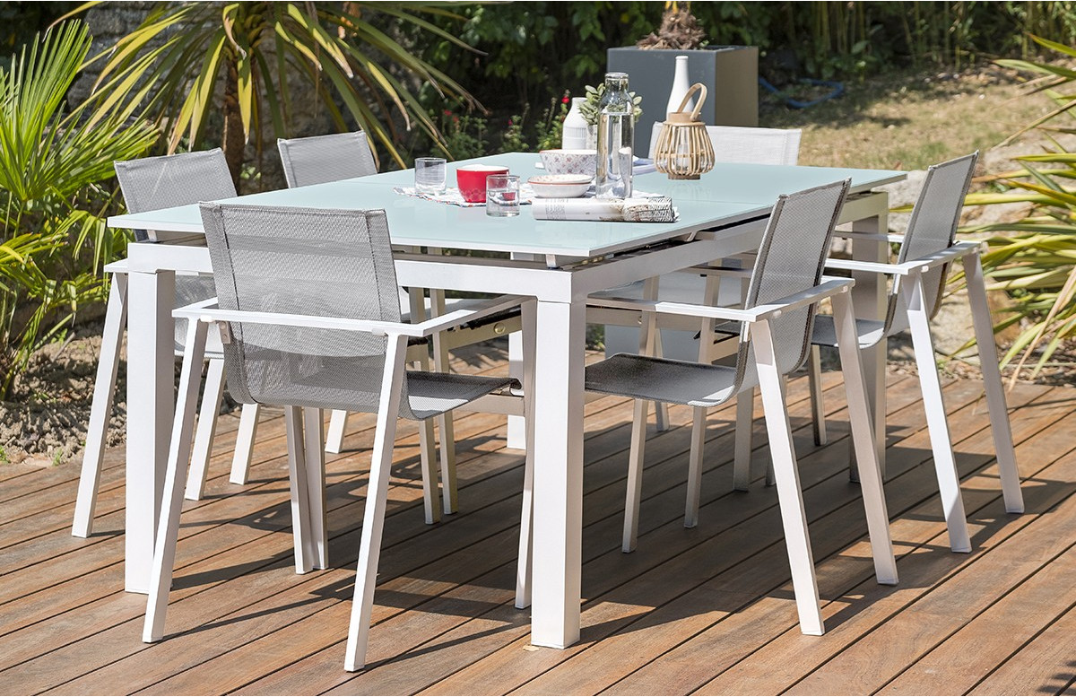 Ensemble table et chaises de jardin en aluminium + plateau verre 6 personnes DCB Garden blanc