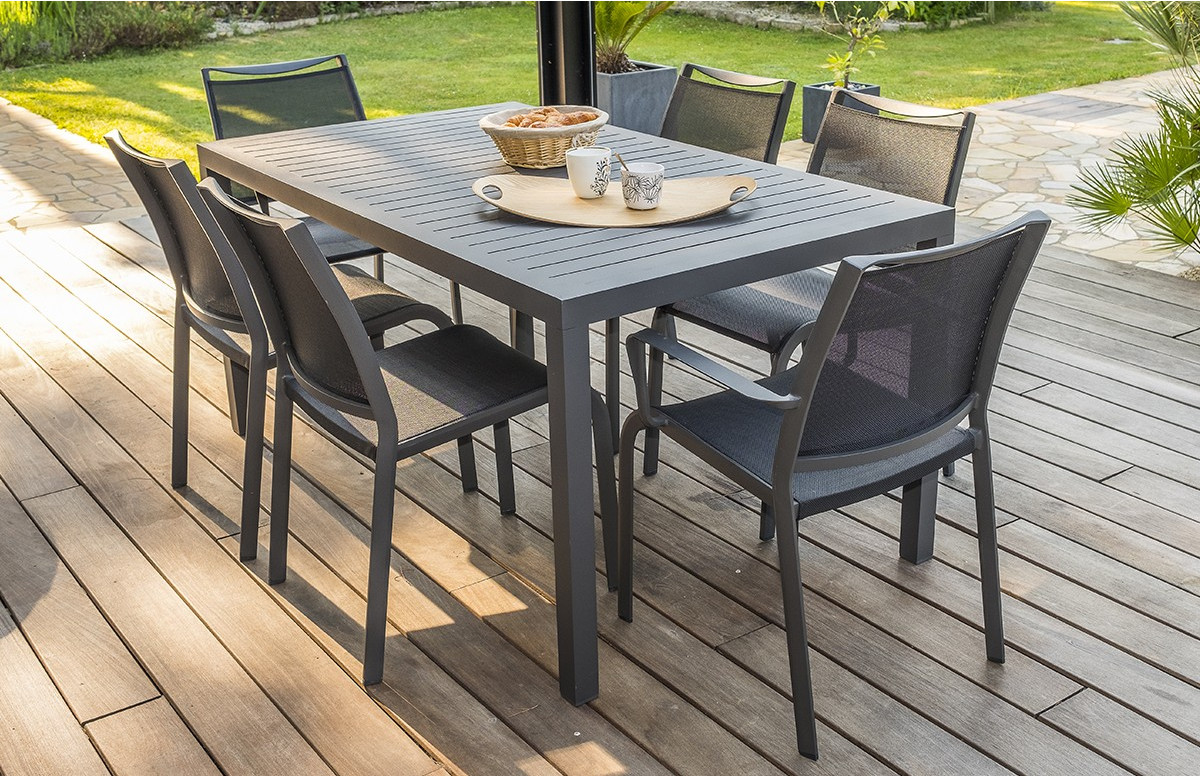 Ensemble table fixe MIAMI 160 cm + 4 chaises et 2 fauteuils