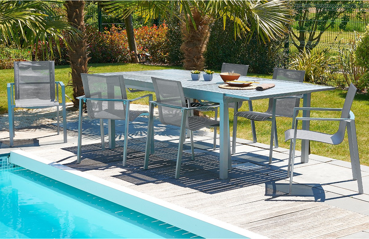 Ensemble ORLANDO gris galet table + 6 fauteuils