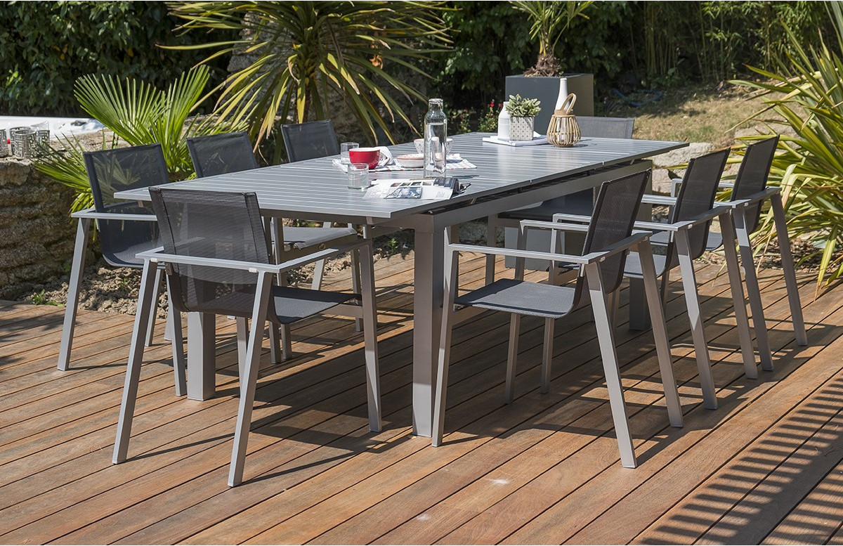 Ensemble ORLANDO gris galet table + 8 fauteuils