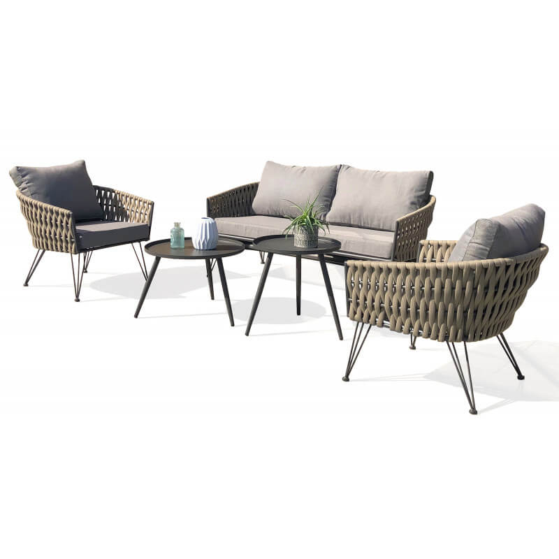 Salon de jardin bas CAPRI en corde tissée taupe et acier Anthracite 4  personnes DCB GARDEN