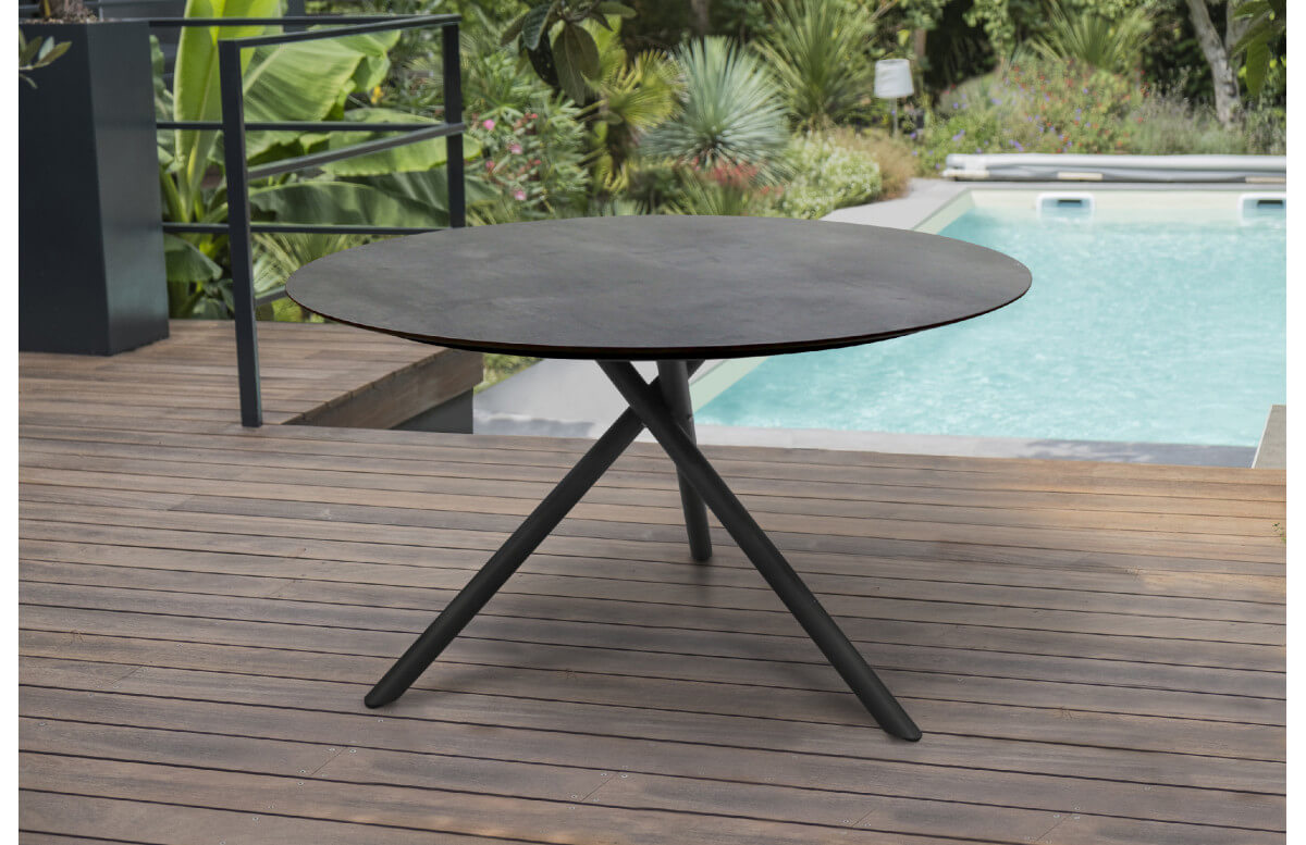 Table de jardin ronde PILAT 129 cm avec plateau HPL Anthracite 6 personnes PARIS GARDEN