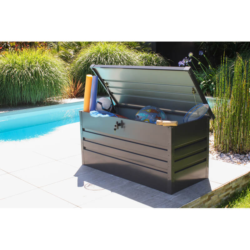 Coffre de rangement métal verrouillable gris anthracite pour jardin 350L  120x61x63 CM