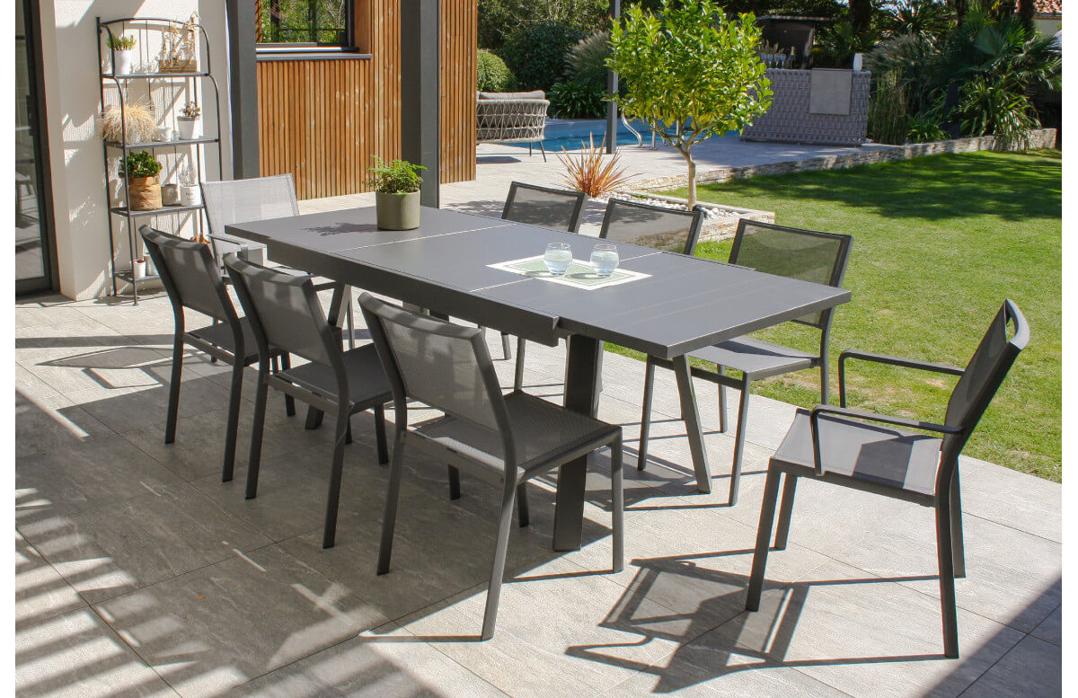 Ensemble table et chaises de jardin extensible en aluminium STOCKHOLM Anthracite 8 personnes DCB GARDEN