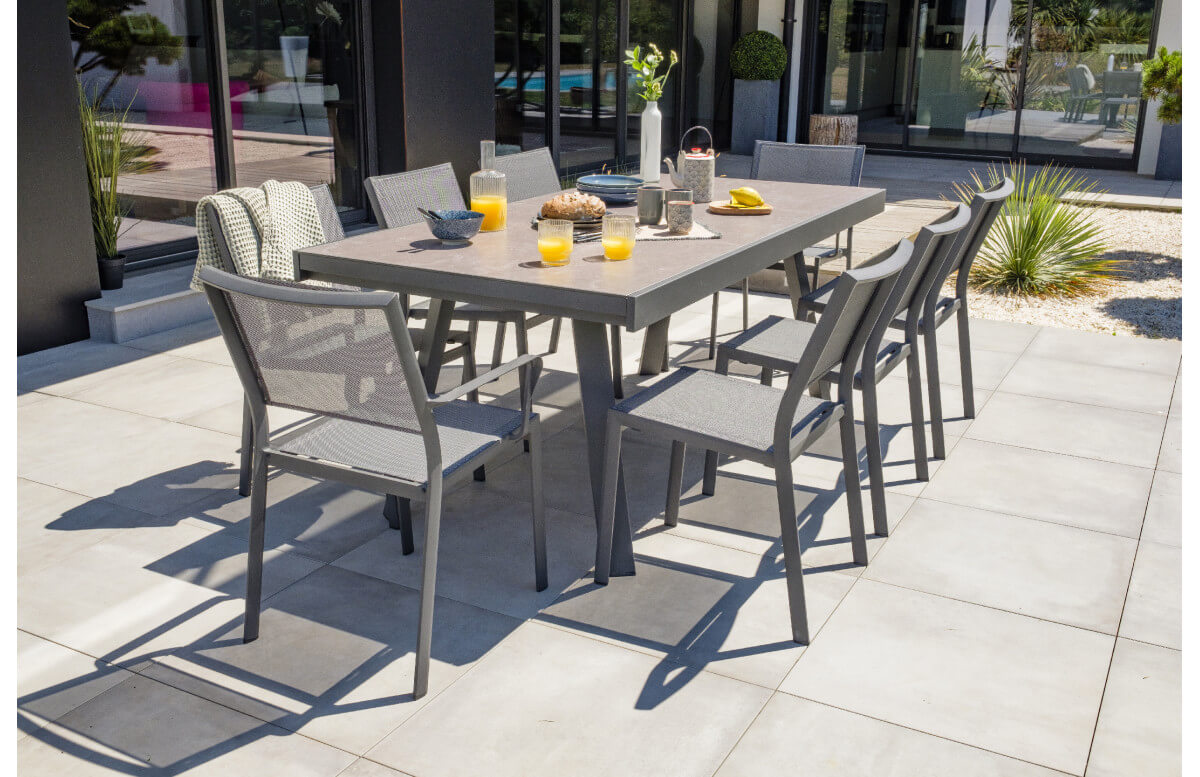 Ensemble table et chaises de jardin extensible en céramique STOCKHOLM Anthracite 8 personnes DCB GARDEN