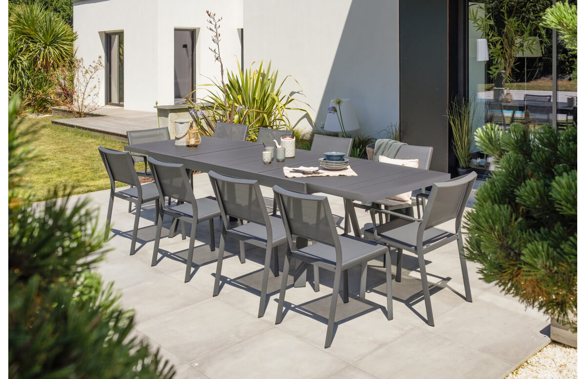 Ensemble table et chaises de jardin extensible en aluminium STOCKHOLM Anthracite 10 personnes DCB GARDEN