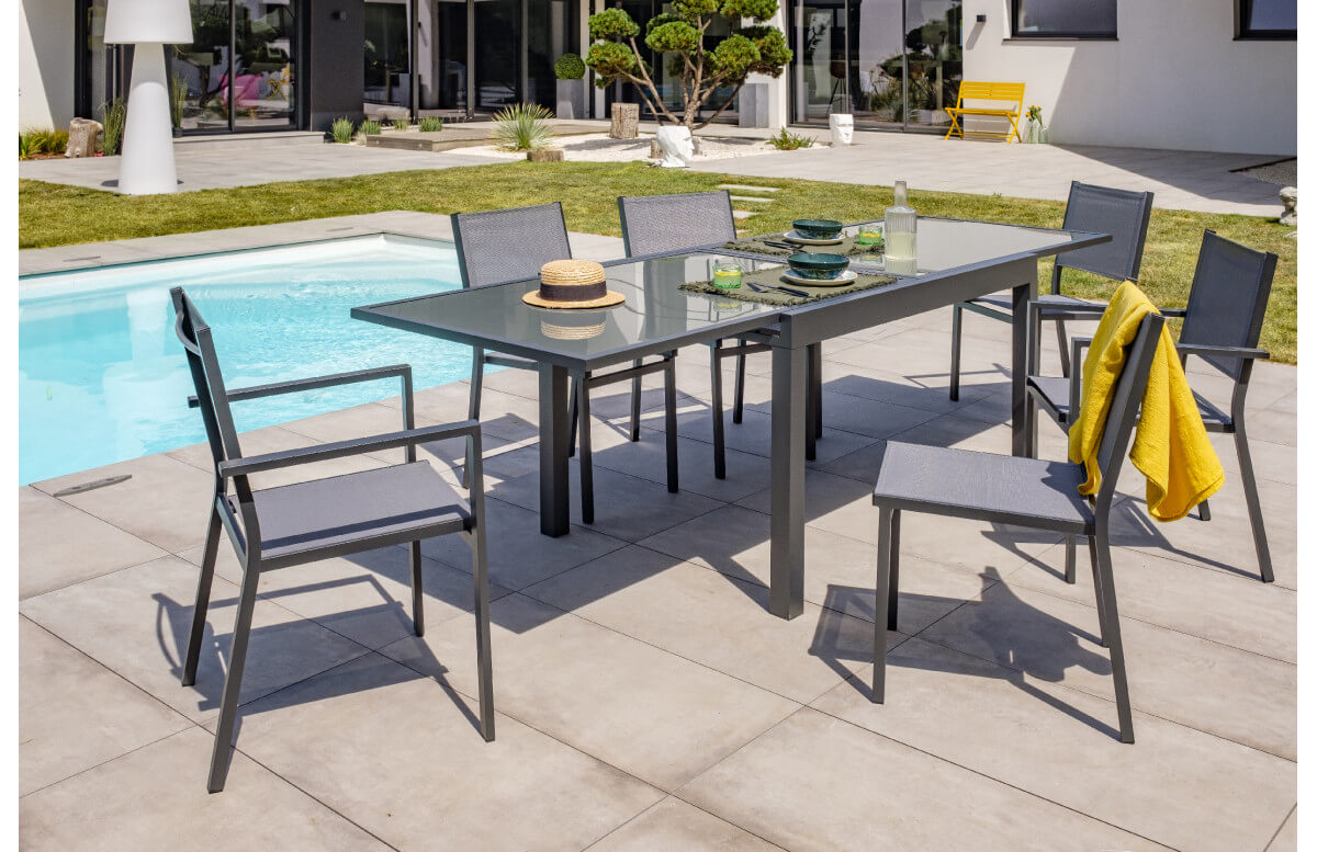 Ensemble table et chaises de jardin en alu/verre pour 6 personnes DCB Garden TOLEDE gris anthracite