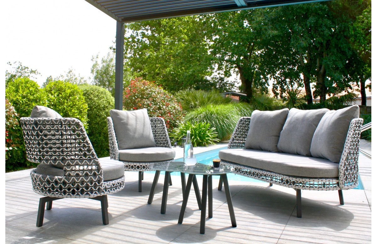 Salon De Jardin Bas Agadir Avec Coussins Taupe Et Resine Tressee Ecru 4 Personnes Dcb Garden