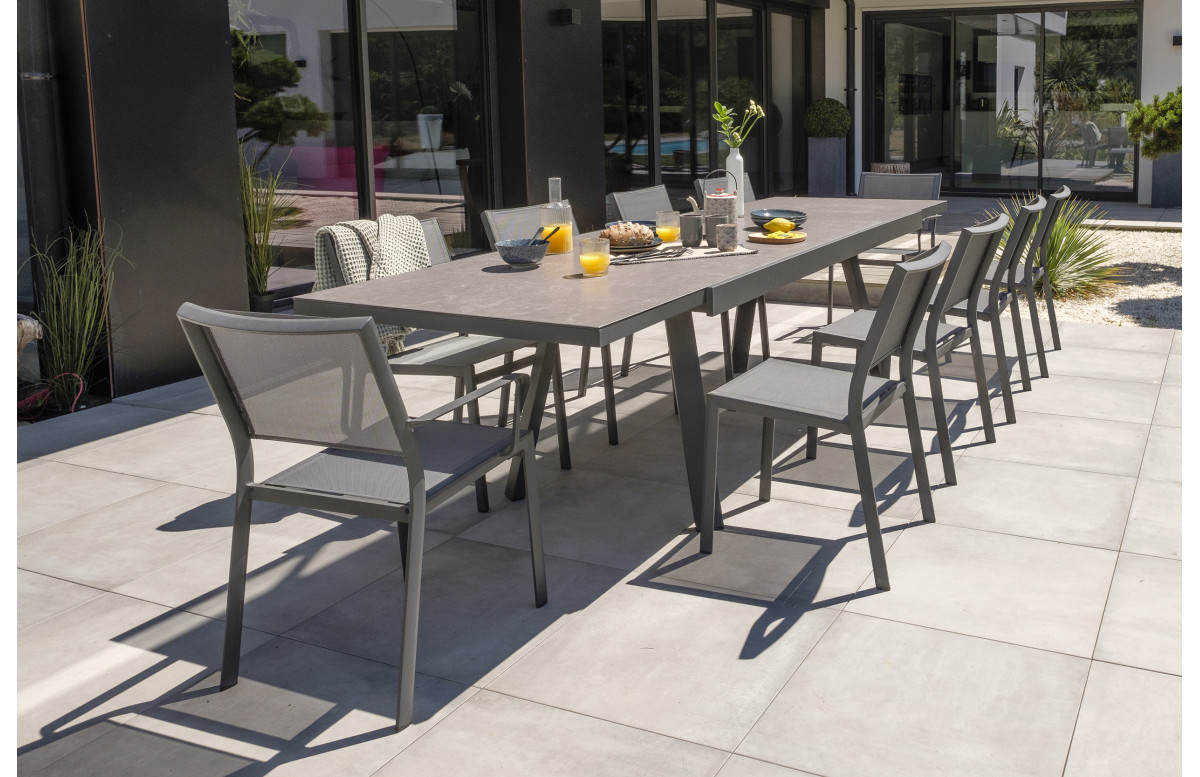 Ensemble table et chaises de jardin extensible en céramique STOCKHOLM Anthracite 10 personnes DCB GARDEN