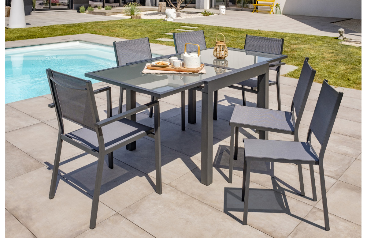 Ensemble table + 6 chaises - Anthracite, gris et naturel foncé - SERANI