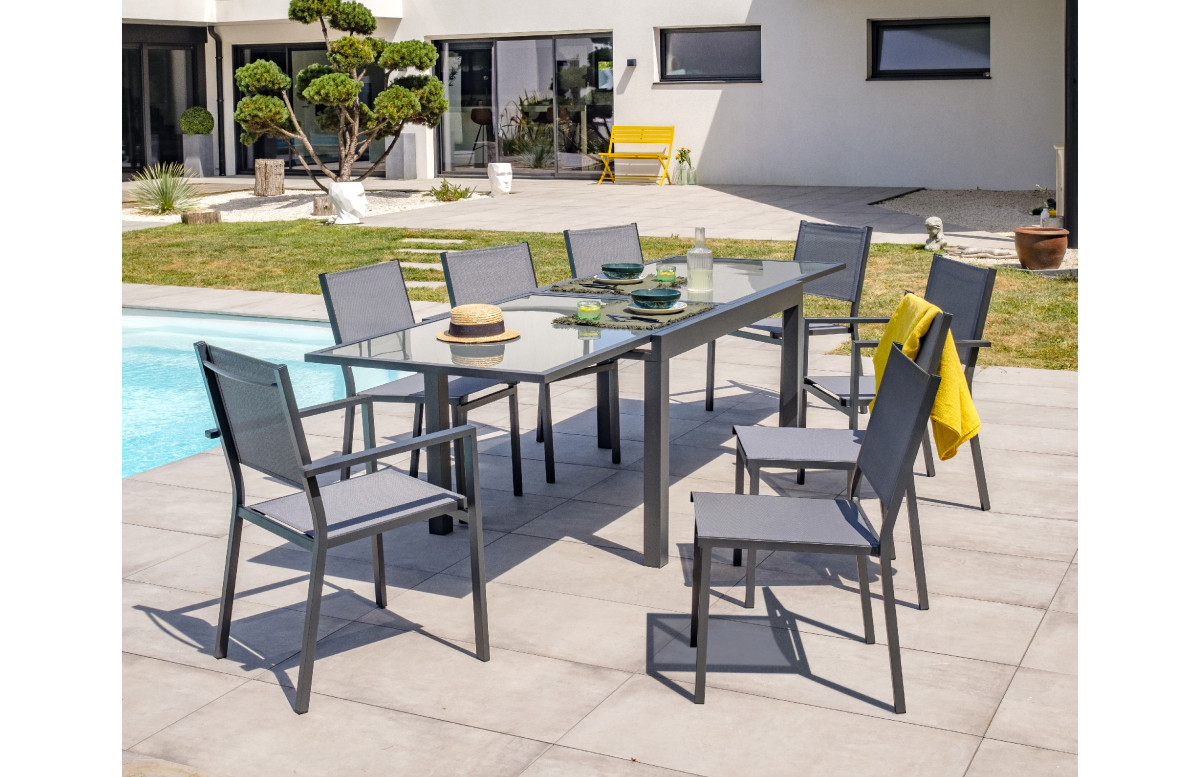Ensemble table et chaises de jardin en alu/verre pour 8 personnes DCB Garden TOLEDE gris anthracite Ensemble table et chaises de jardin en alu/verre pour 8 personnes DCB Garden TOLEDE gris anthracite