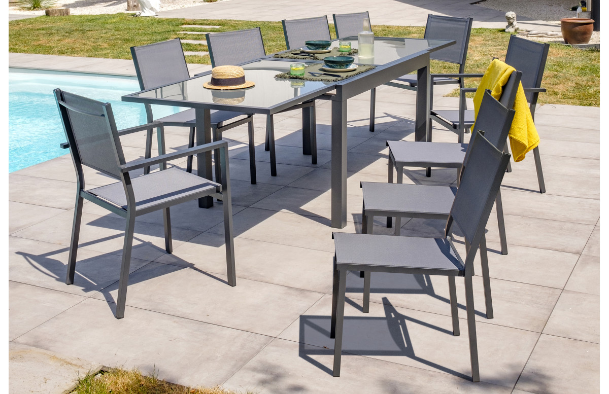 Ensemble table et chaises de jardin en alu/verre pour 10 personnes DCB Garden TOLEDE gris anthracite