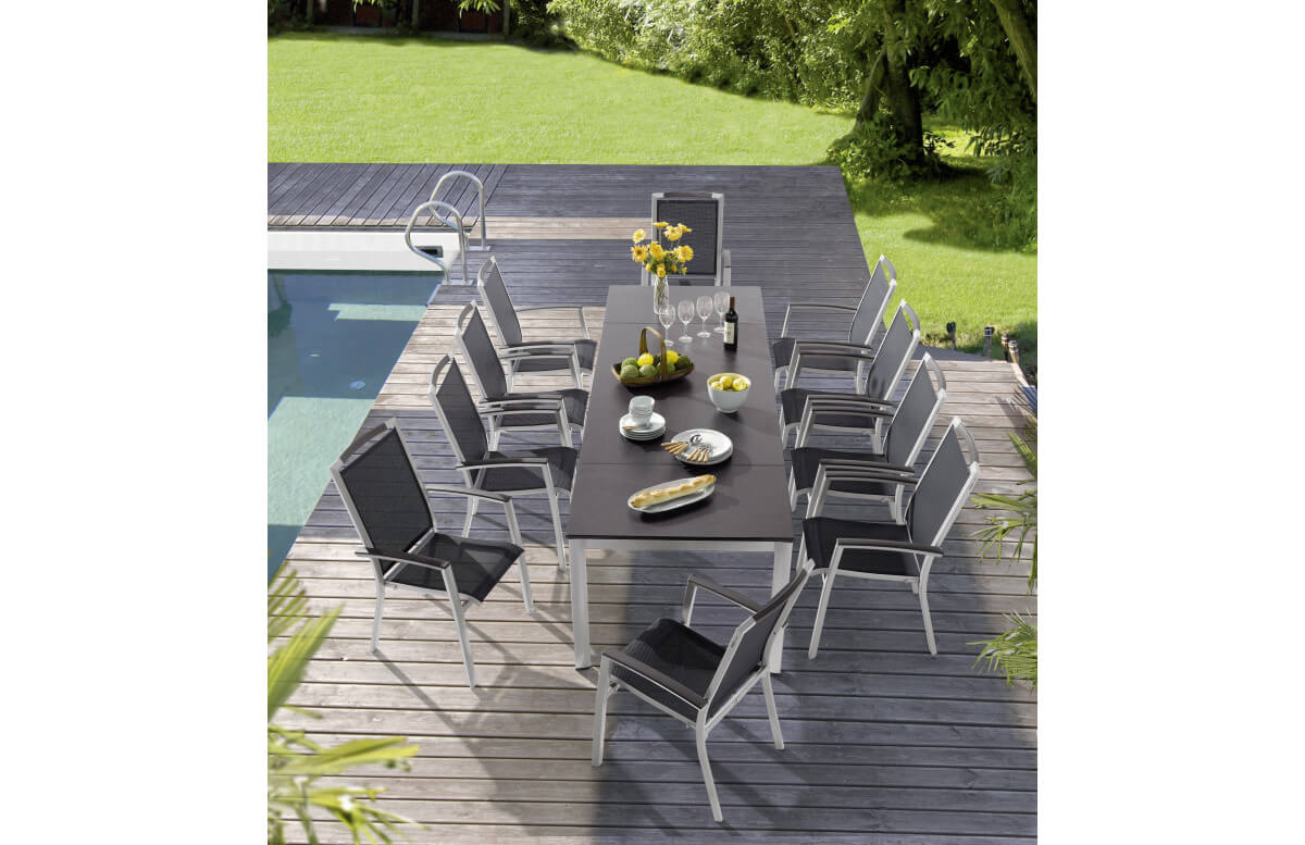 Ensemble table et fauteuils de jardin extensible aluminium/Textilux 10 personnes Trento - Sieger Exclusiv