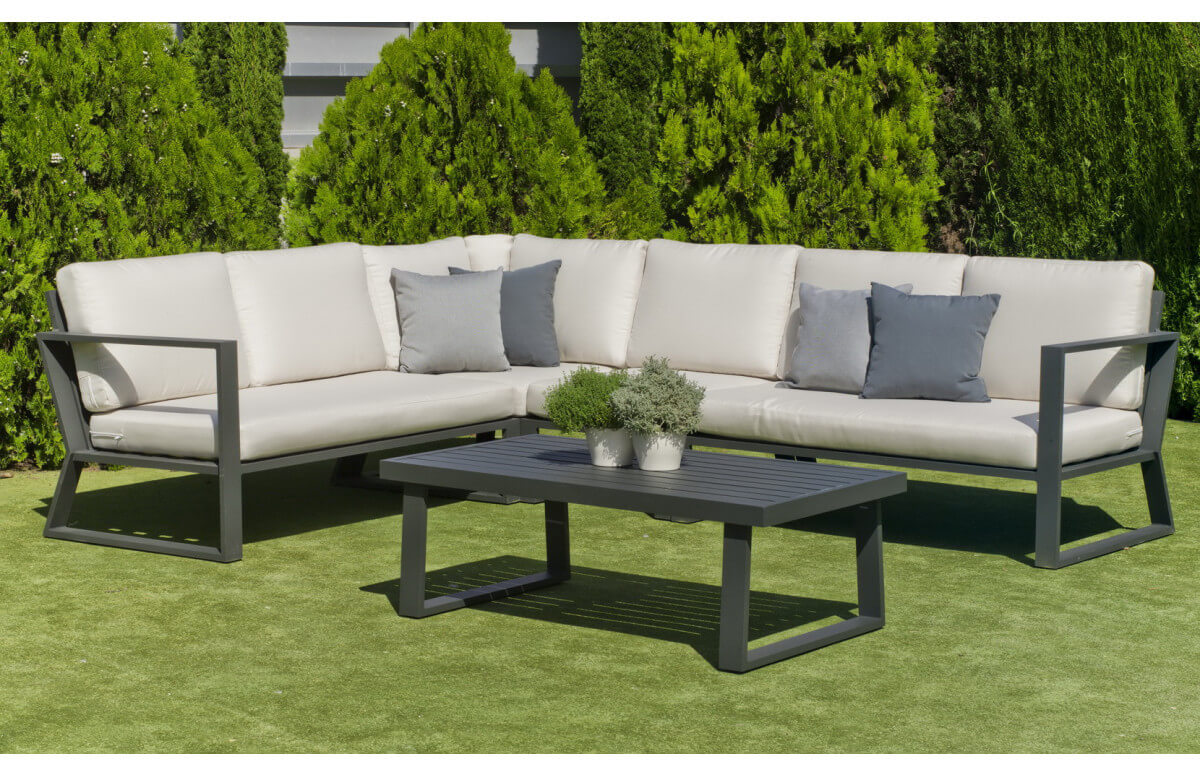 Salon de jardin bas d'angle 7 personnes en aluminium et Dralon - Bolonia - Hevea