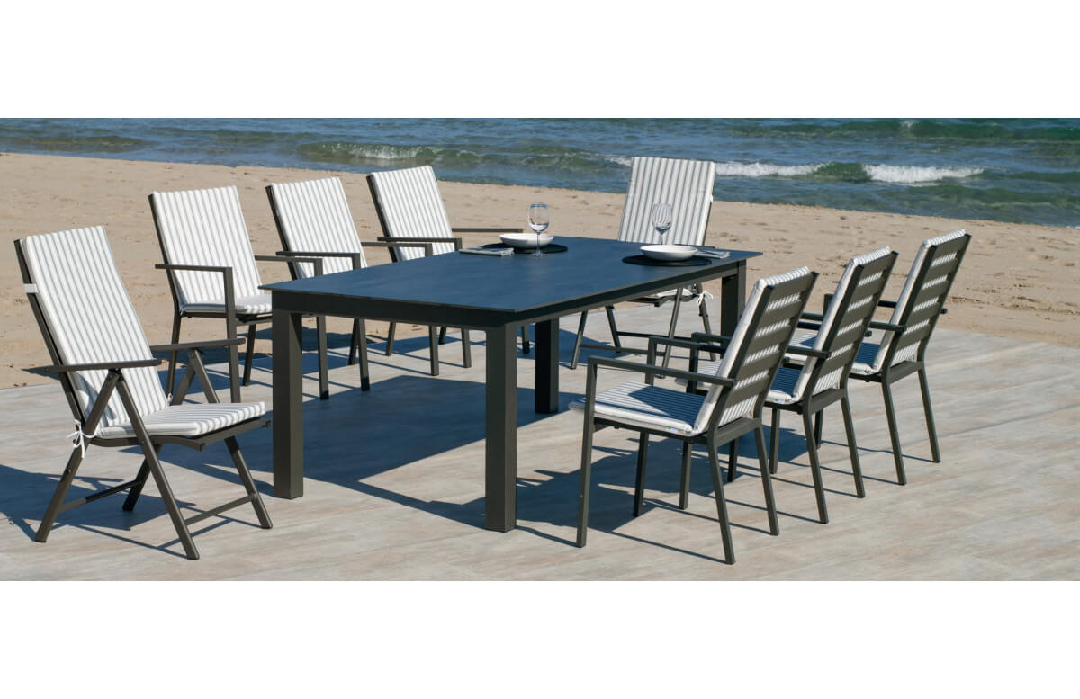 Ensemble table et fauteuils de jardin pliables 8 personnes en aluminium et HPL - Camelia/palma - anthracite - Hevea Ensemble table et fauteuils de jardin pliables 8 personnes en aluminium et HPL - Camelia/palma - anthracite - Hevea