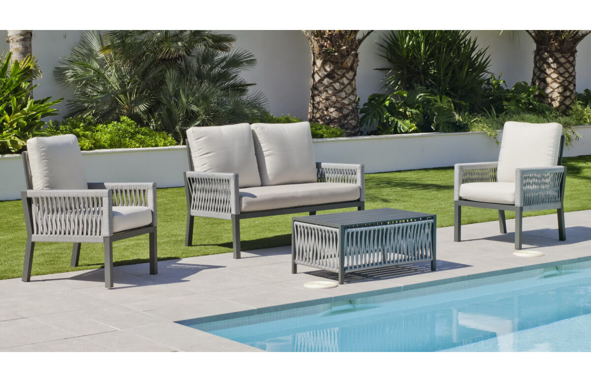 Salon de jardin bas 4 personnes en aluminium, dralon et cordage - Havana - Hevea