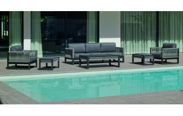 Salon de jardin bas 7 personnes en aluminium, dralon et cordage - Monterrey - Hevea