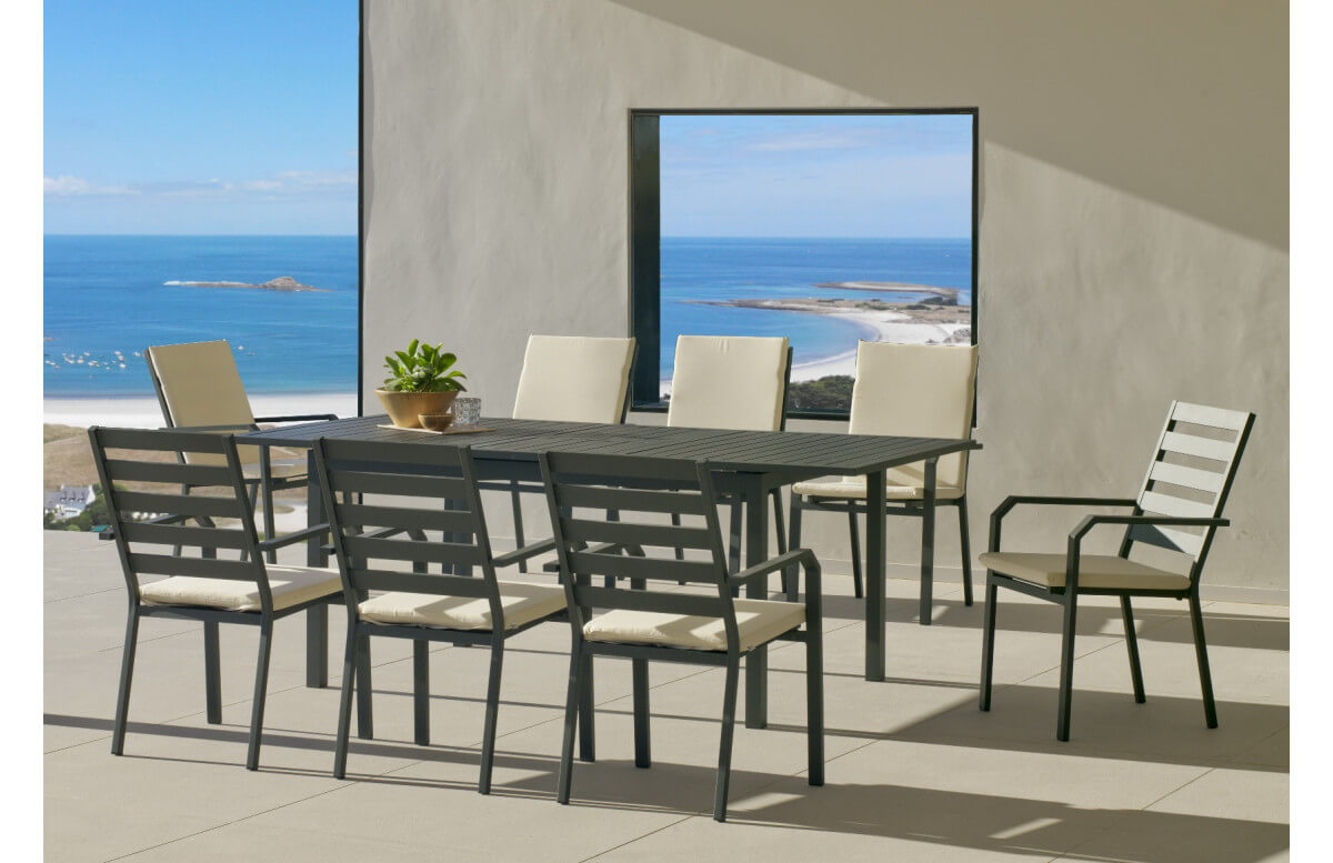 Ensemble table et fauteuils de jardin extensible 8 personnes en aluminium et Dralon - Palma - anthracite - Hevea