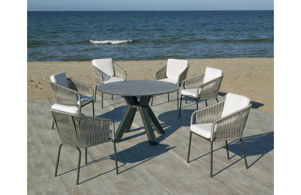 Ensemble table ronde et fauteuils de jardin 6 personnes en aluminium et HPL - Sumatra/tulip - anthracite - Hevea