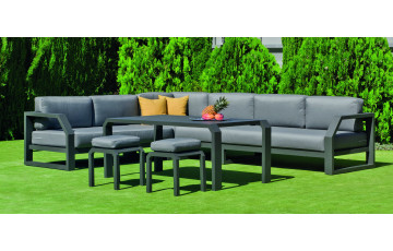 Salon de jardin bas d'angle 8 personnes en aluminium et Dralonlux - Zafiro - anthracite - Hevea