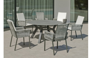 Ensemble table ronde et fauteuils de jardin 6 personnes en aluminium et Neolith - Veneto /catania - Hevea