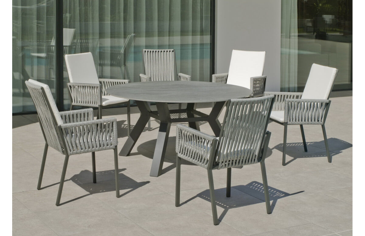 Ensemble table ronde et fauteuils de jardin 6 personnes en aluminium et Neolith - Veneto /catania - Hevea