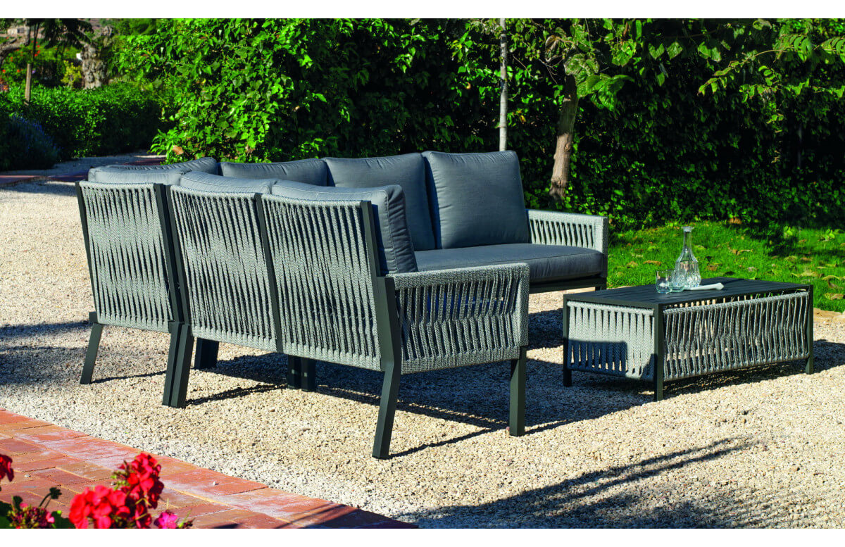 Salon de jardin bas d'angle 6 personnes en aluminium et cordage - Havana - Hevea