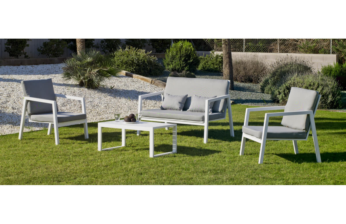 Salon de jardin bas empilable 4 personnes en aluminium et Dralon - Agata - blanc - Hevea