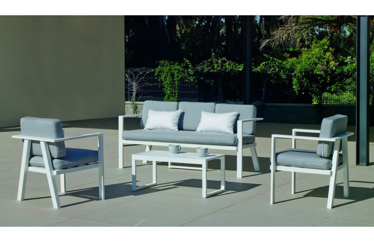 Salon de jardin bas 5 personnes en aluminium et Dralon - Azores - blanc - Hevea Salon de jardin bas 5 personnes en aluminium et Dralon - Azores - blanc - Hevea