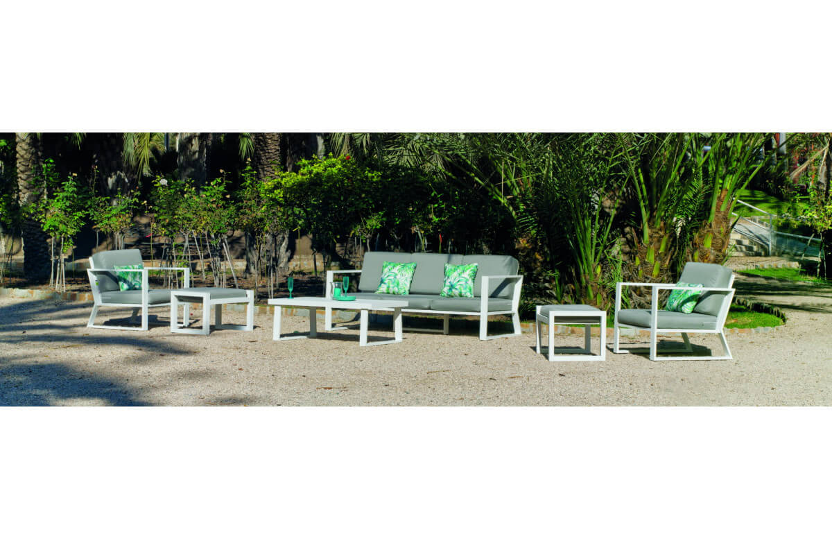 Salon de jardin bas 7 personnes en aluminium et Dralon - Bolonia - blanc - Hevea