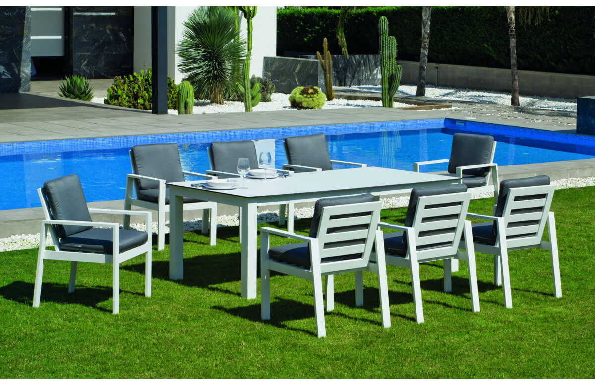 Ensemble table et fauteuils de jardin 8 personnes en aluminium et HPL - Camelia - blanc - Hevea