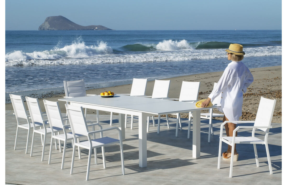 Ensemble table et fauteuils de jardin extensible 10 personnes en aluminium et HPL - Camelia priscila - blanc - Hevea