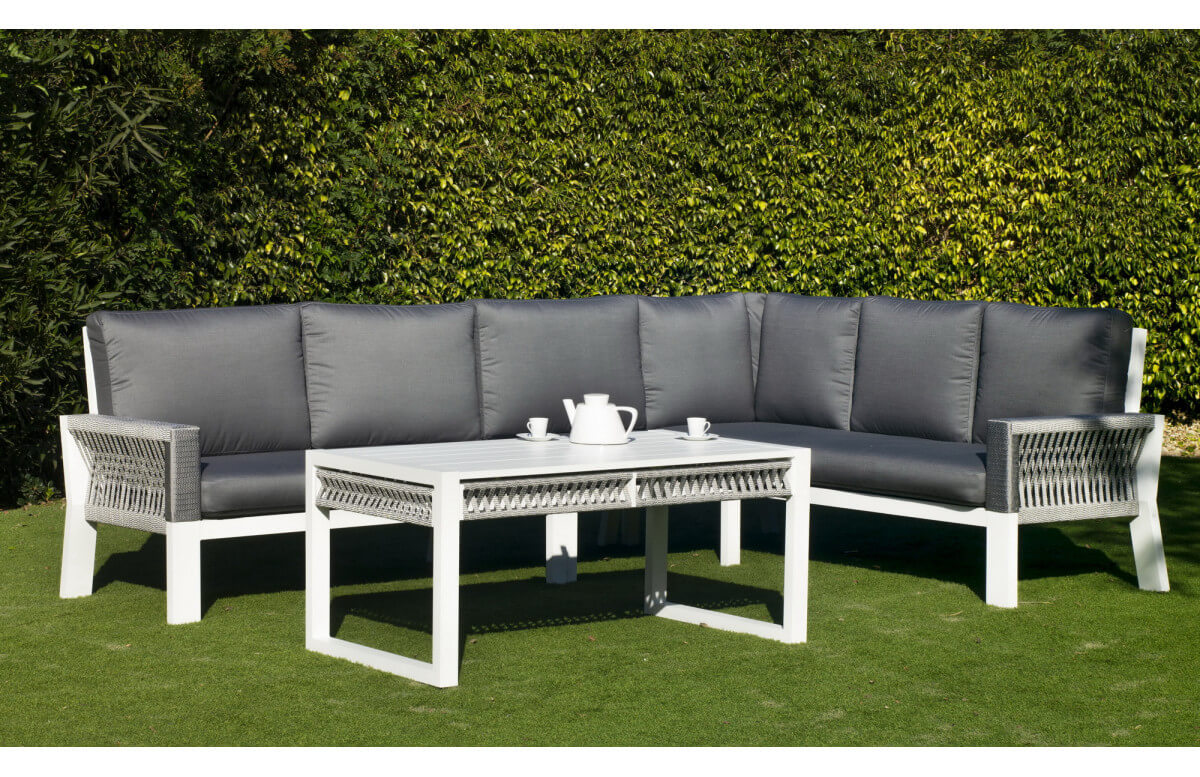 Salon de jardin bas d'angle 7 personnes en aluminium et cordage - Estambul - Hevea