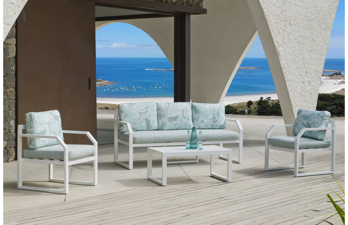 Salon de jardin bas 5 personnes en aluminium et Dralonlux - Genova - blanc - Hevea Salon de jardin bas 5 personnes en aluminium et Dralonlux - Genova - blanc - Hevea