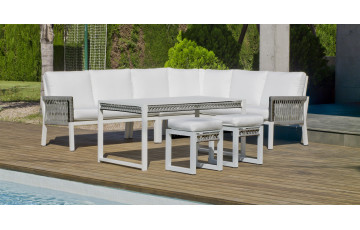 Salon de jardin bas d'angle 8 personnes en aluminium et cordage - Havana - blanc - Hevea