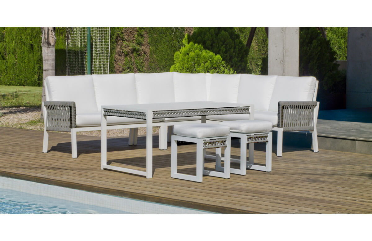 Salon de jardin bas d'angle 8 personnes en aluminium et cordage - Havana - blanc - Hevea