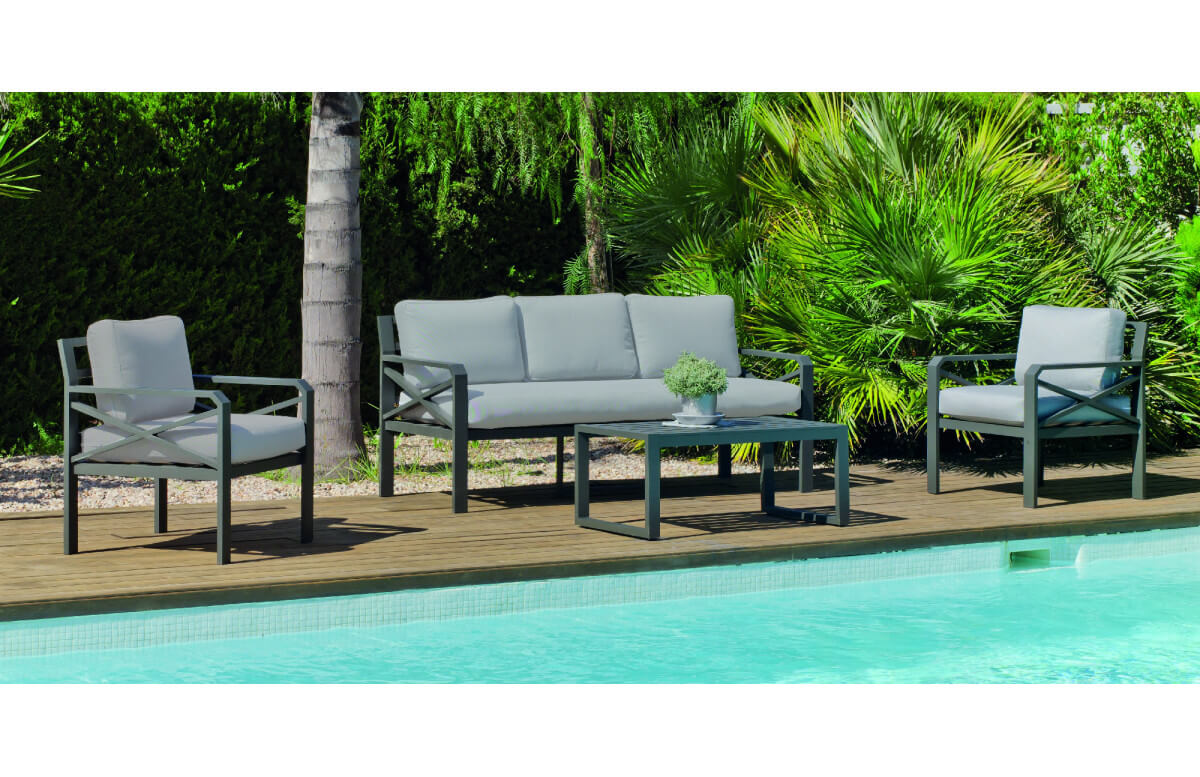 Salon de jardin bas 5 personnes en aluminium et Dralon - Lausana - Hevea Salon de jardin bas 5 personnes en aluminium et Dralon - Lausana - Hevea